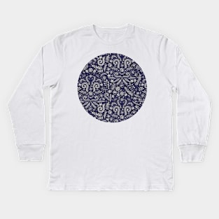 Chalkboard Floral Doodle Pattern in Navy & Cream Kids Long Sleeve T-Shirt